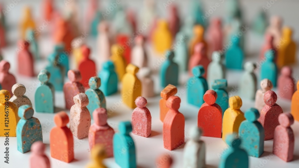 Abstract colorful miniature figures representing crowd diversity on white background
