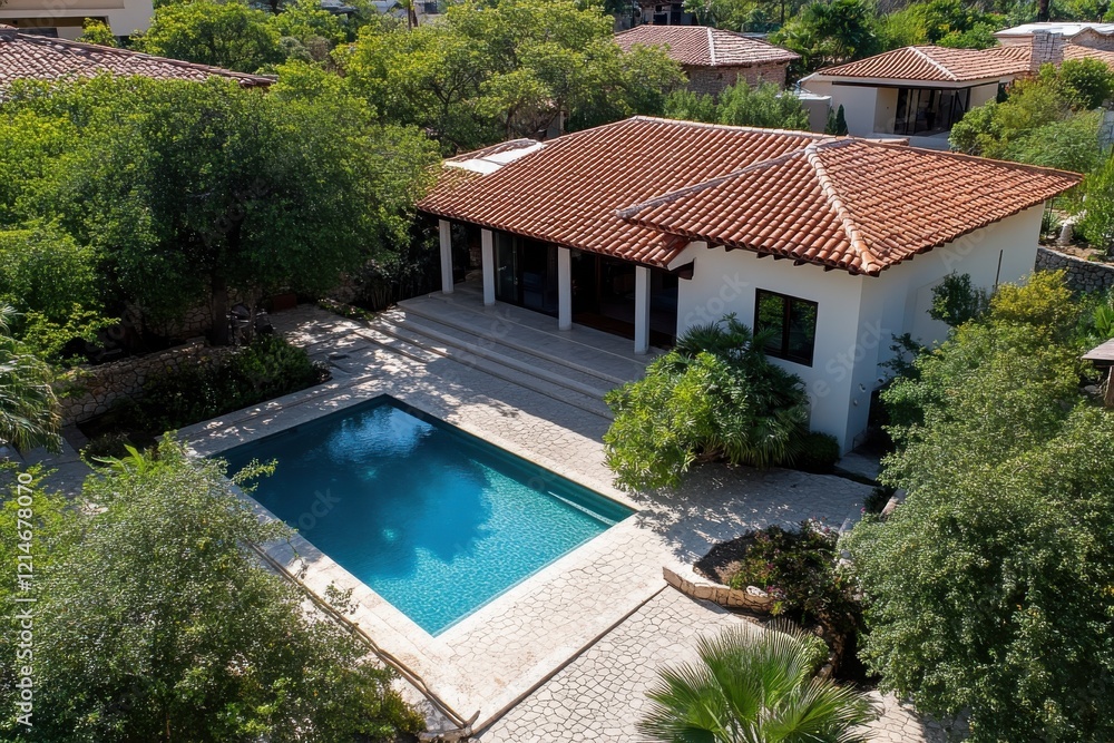 An aerial view of a luxurious home featuring a pristine swimming pool surrounded by lush greenery, showcasing modern architecture in harmony with nature and serene living. An aerial view of a luxurious home featuring a pristine swimming pool surrounded by lush greenery, showcasing modern architecture in harmony with nature and serene living.