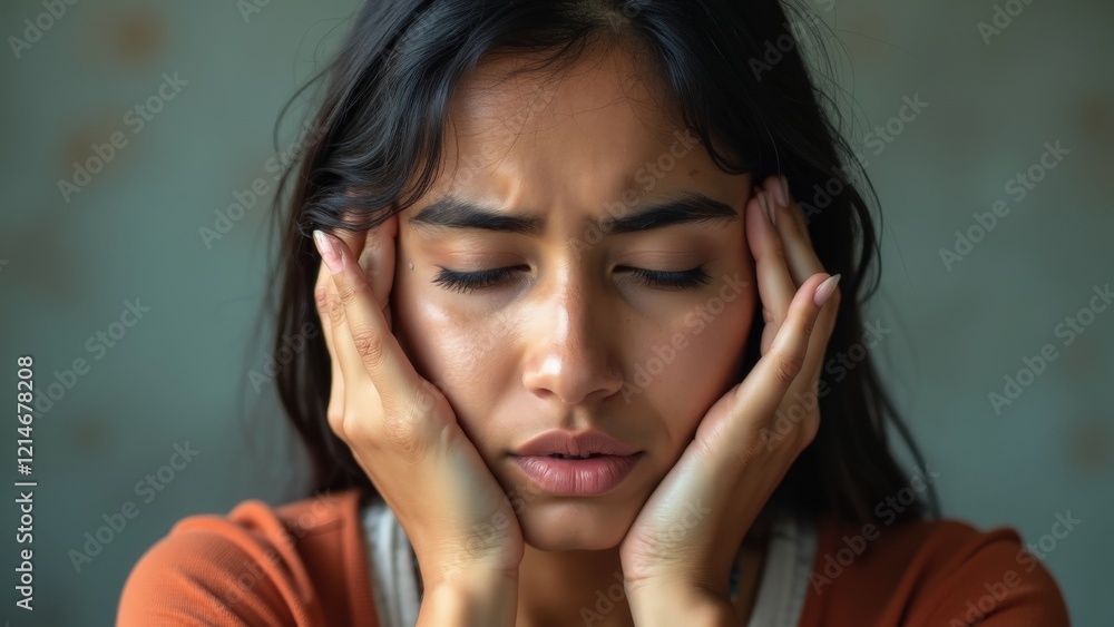Sad woman with closed eyes holding face in emotional distress