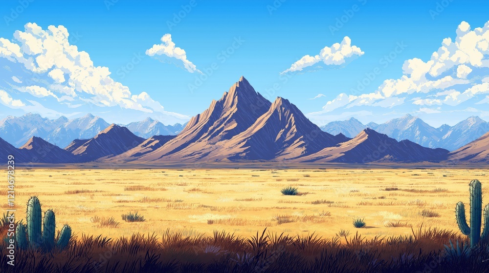 Obraz premium Desert landscape with mountains and cacti under a bright blue sky with scattered clouds and birds in distance