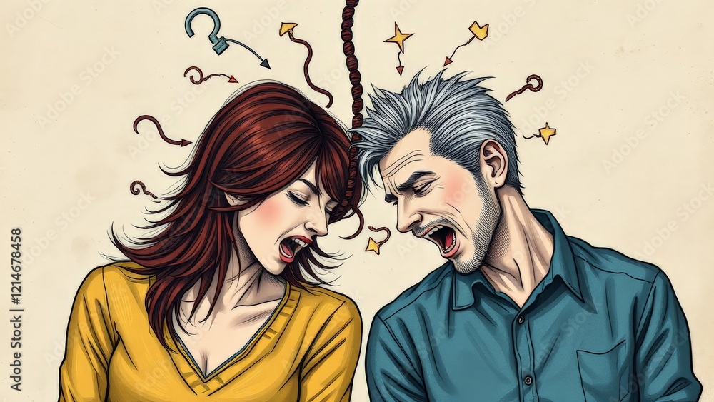 Illustrated couple arguing with tangled thoughts and symbols connecting their heads