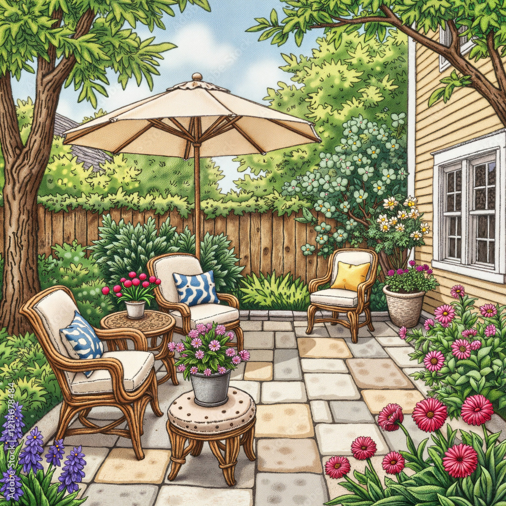 Fototapeta premium Garden patio with furniture and flowers in a sunny setting