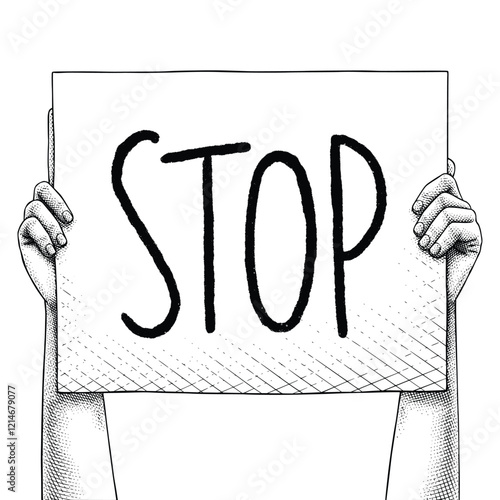 Hand Raises a Sign That Says Stop