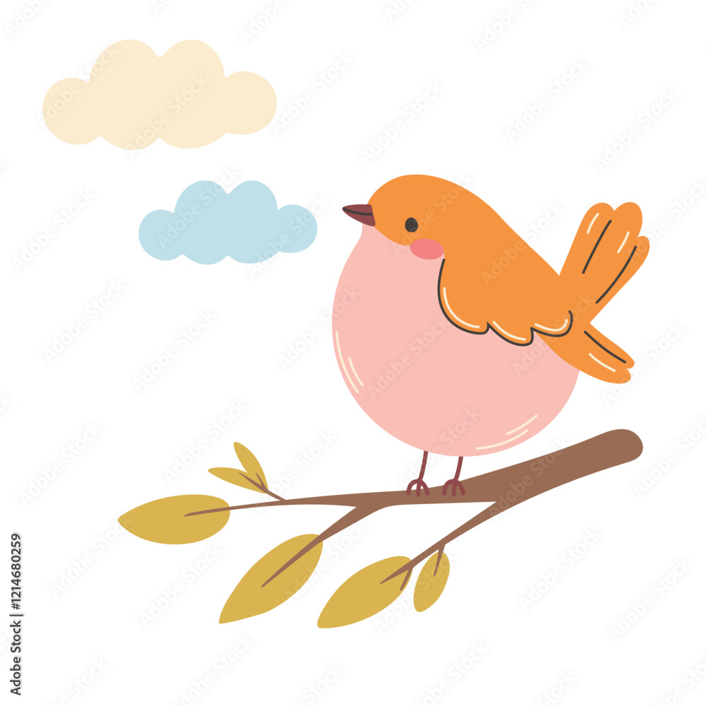 Fototapeta premium Cute bird on a branch with leaves. Hand drawn vector illustration.