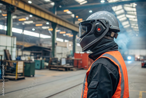 Worker wearing advanced protective helmet in industrial setting photo