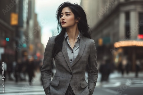 A confident woman in a gray suit standing on a busy city street.