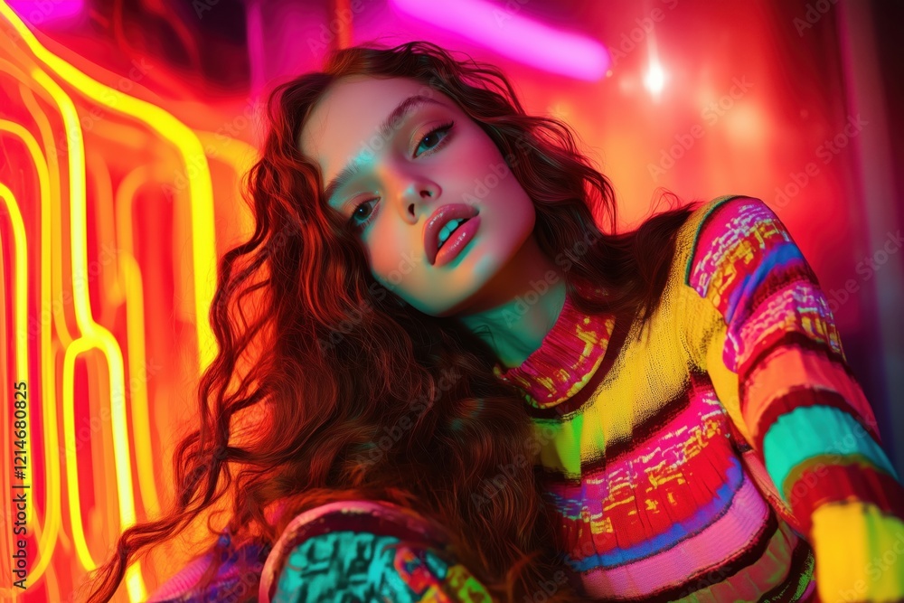 Fototapeta premium A young woman with long curly hair posing in a vibrant, neon-lit environment.