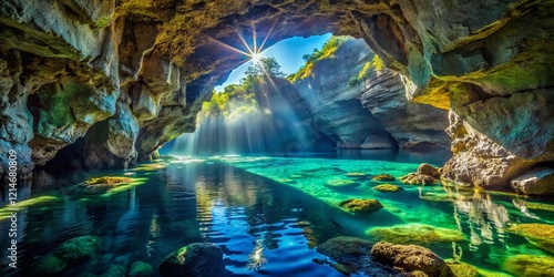 Wallpaper Mural Sunbeams Illuminate Underwater Cave Entrance, Drone Aerial View Torontodigital.ca