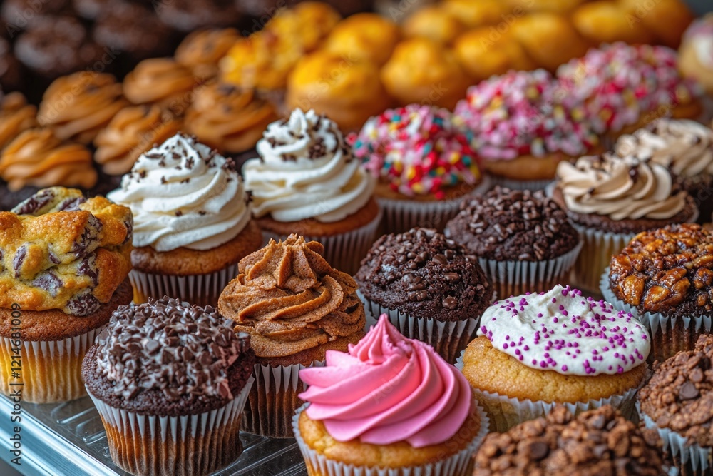 A selection of colorful cupcakes arranged on a tray, perfect for decorating or gift-giving A selection of colorful cupcakes arranged on a tray, perfect for decorating or gift-giving