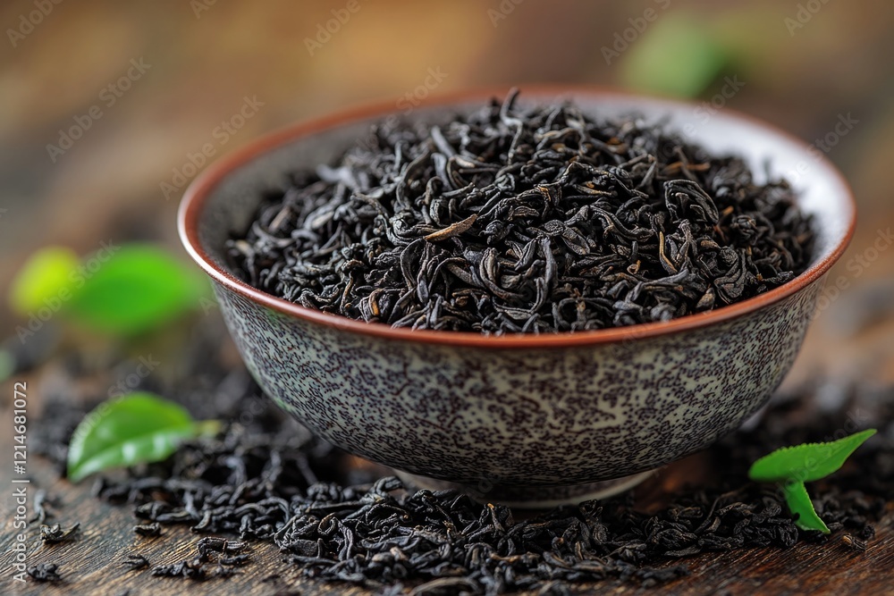 A warm and inviting scene featuring a bowl filled with black tea sitting on a wooden table, perfect for a cozy atmosphere or a traditional setting A warm and inviting scene featuring a bowl filled with black tea sitting on a wooden table, perfect for a cozy atmosphere or a traditional setting