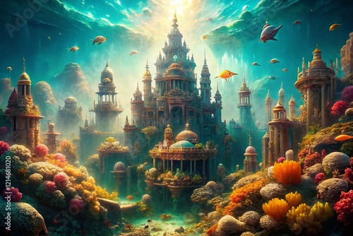 Sunken Fantasy City: Ancient Underwater Ruins, Magical Atlantean Architecture, Ethereal Light, Mysterious Deep Ocean photo