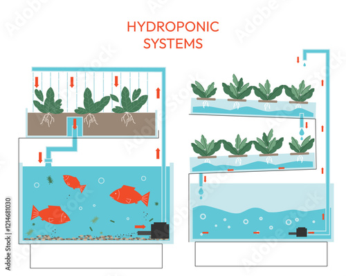  How the Aquaponics system works. Growing plants in the greenhouse. Types of growing plants  aquaculture cultivation. Hydroponics, aquaponics. Smart farm concept. 