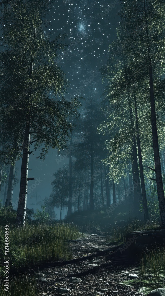 A thick, vibrant forest comes alive under a sparkling starry night, as gentle beams of soft light filter through the dense canopy of trees above A thick, vibrant forest comes alive under a sparkling starry night, as gentle beams of soft light filter through the dense canopy of trees above