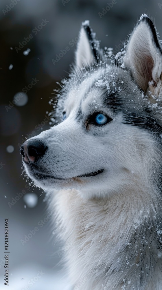 Obraz premium There is a husky dog with blue eyes standing in the snow, animal background, vertical background