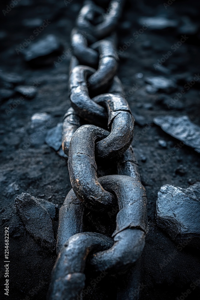 A large metal chain sits atop a pile of rocks, creating a striking landscape A large metal chain sits atop a pile of rocks, creating a striking landscape