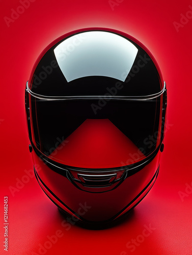 Glossy motorcycle helmet on a vibrant red background. photo