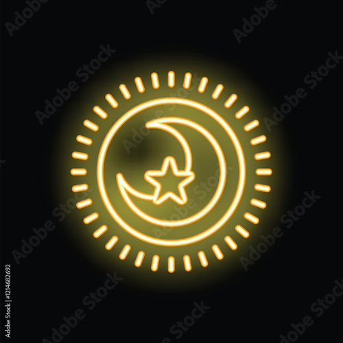 Yellow neon sign representing a crescent moon with a star inside the sun, evoking spirituality, night and day