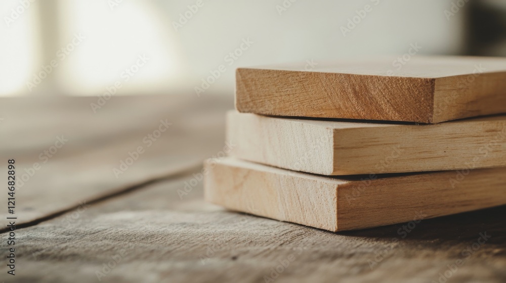 Stack of three light brown wood blocks on rustic wooden surface. Stack of three light brown wood blocks on rustic wooden surface.