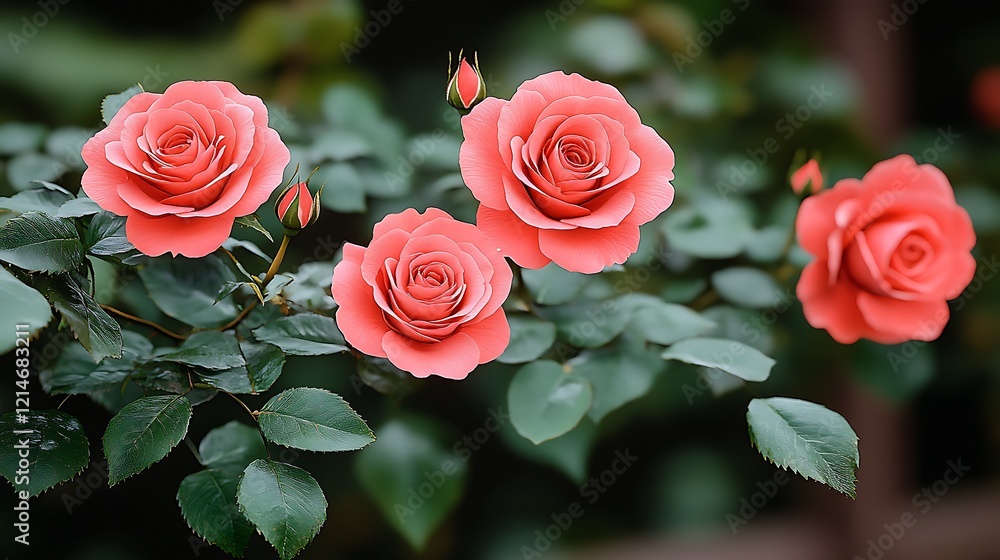 Coral roses bloom in garden, lush foliage background, romantic. Coral roses bloom in garden, lush foliage background, romantic.