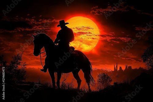 A lone cowboy in silhouette on horseback during sunset. photo