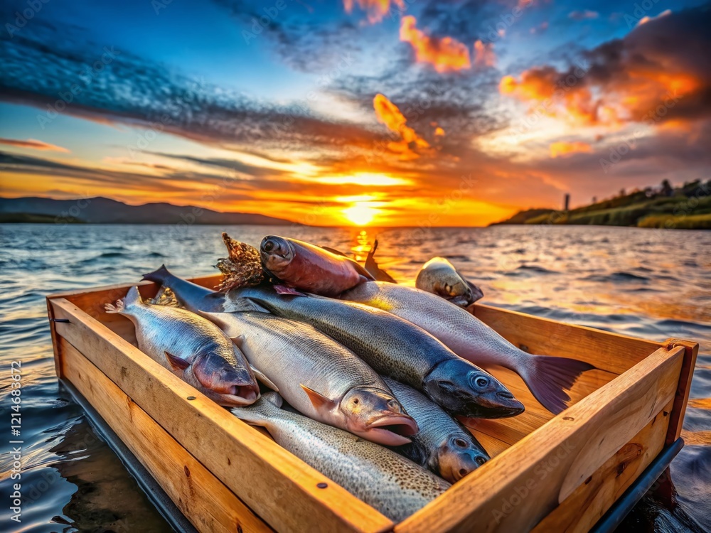 Sunset Fishing Haul: Fresh Salmon & Trout in Wooden Crate on Boat Sunset Fishing Haul: Fresh Salmon & Trout in Wooden Crate on Boat