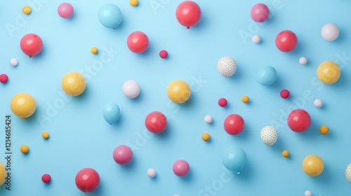 Colorful balloons scattered on blue background; party decoration; festive backdrop