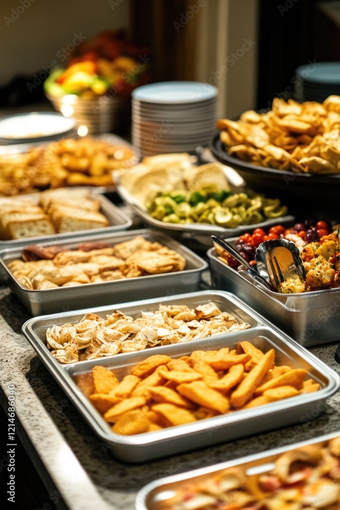 A buffet table filled with diverse dishes and drinks A buffet table filled with diverse dishes and drinks