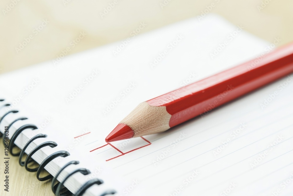 A red pencil sits atop a notebook, ready for writing or creative expression A red pencil sits atop a notebook, ready for writing or creative expression