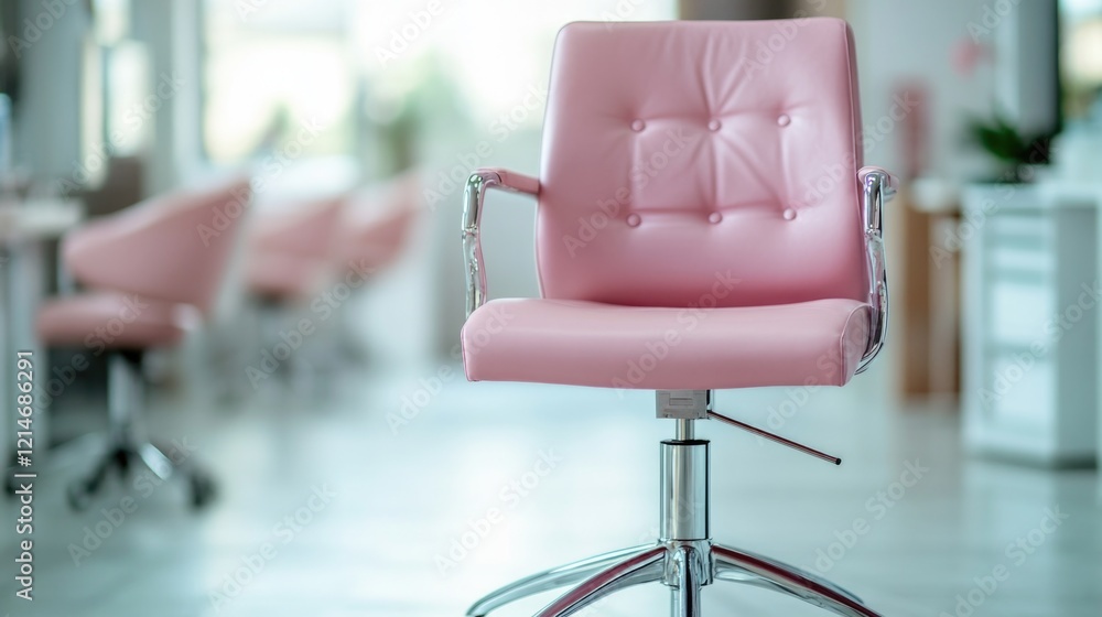 Empty pink office chair standing on isolated blurred beauty salon work place background. Vacant job Empty pink office chair standing on isolated blurred beauty salon work place background. Vacant job