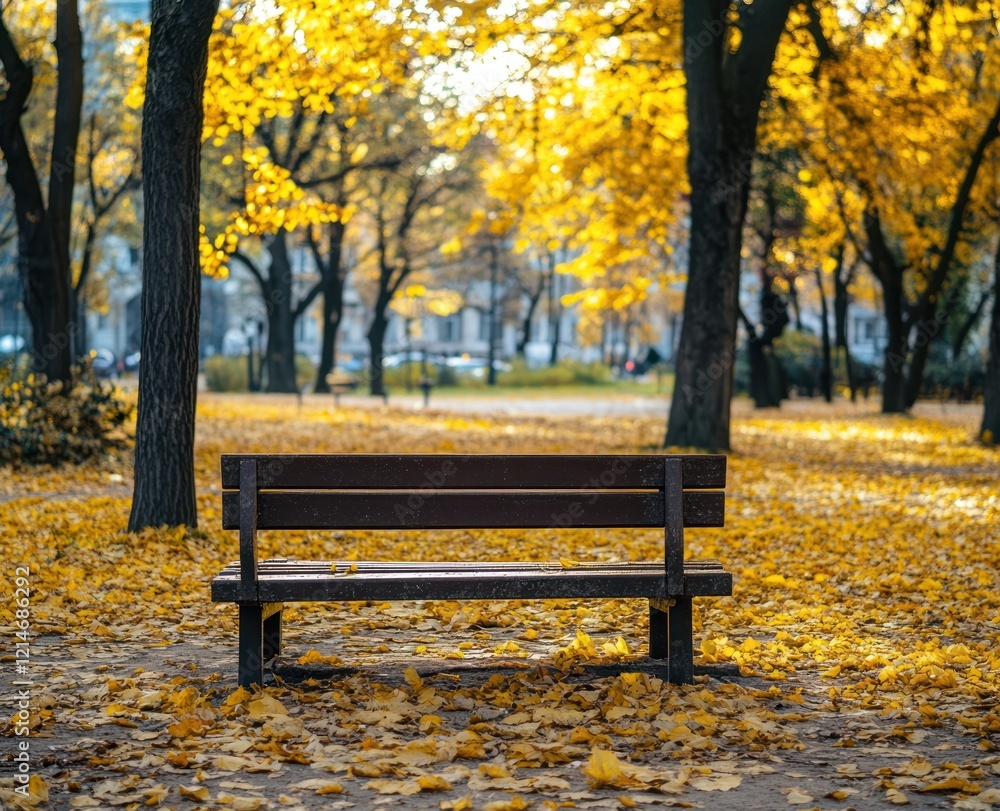 A solitary wooden bench sits amidst fallen yellow leaves in a park on a fall day A solitary wooden bench sits amidst fallen yellow leaves in a park on a fall day