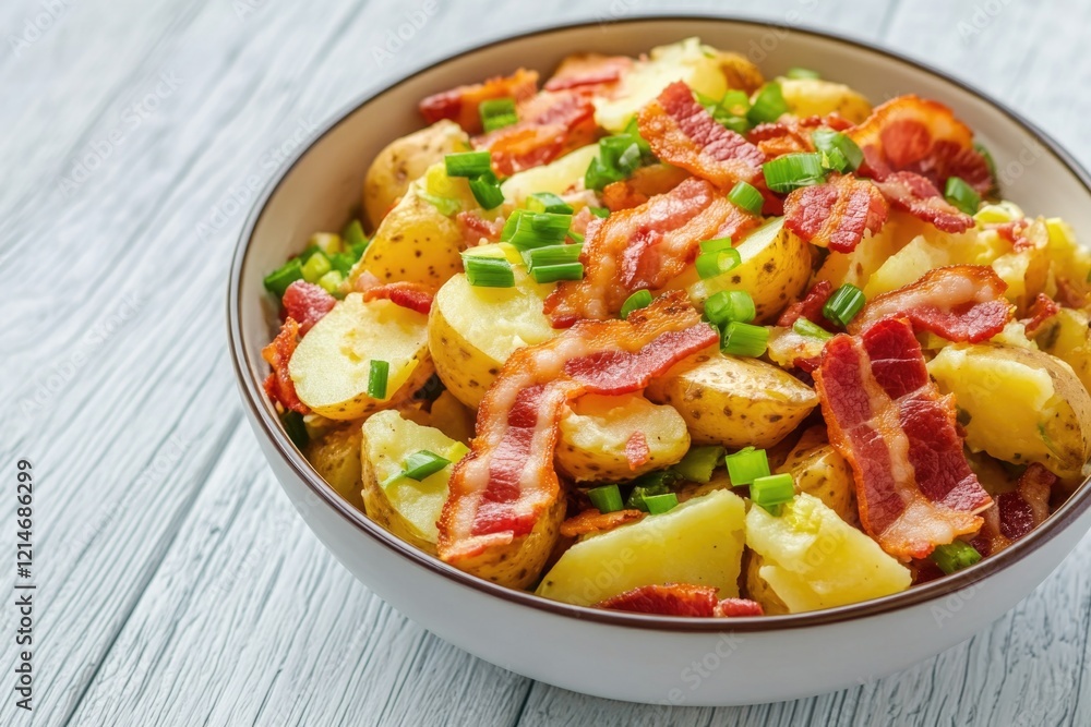 Fresh potatoes served with crispy bacon and green onions, perfect for a hearty snack or side dish Fresh potatoes served with crispy bacon and green onions, perfect for a hearty snack or side dish