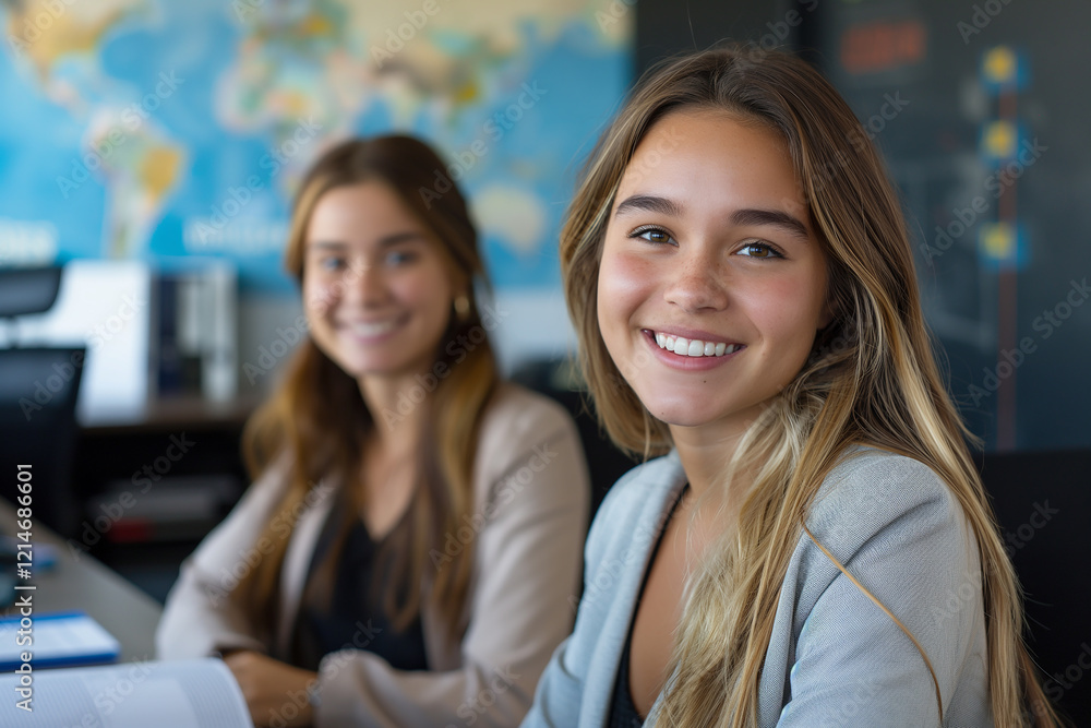 Two women sitting at a desk with a globe behind them Two women sitting at a desk with a globe behind them