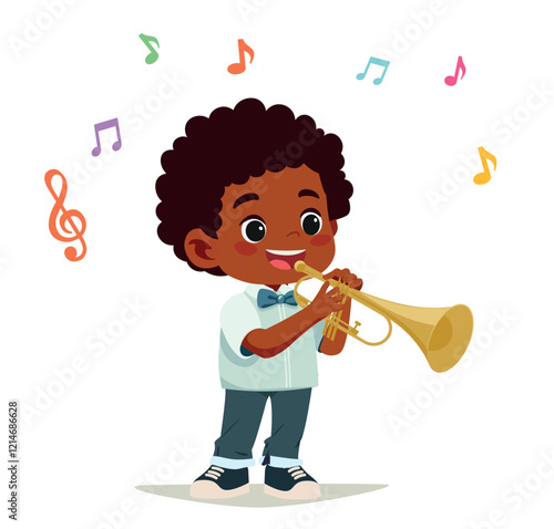 happy kid play trumpet music vector