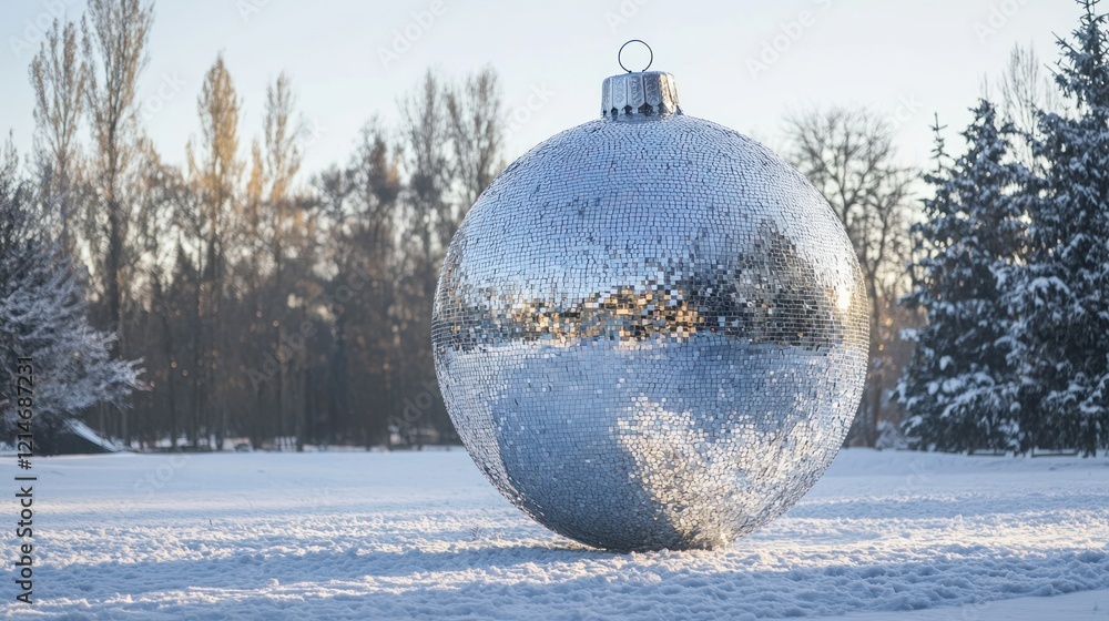 A close-up of a giant silver Christmas ornament in a winter wonderland setting A close-up of a giant silver Christmas ornament in a winter wonderland setting