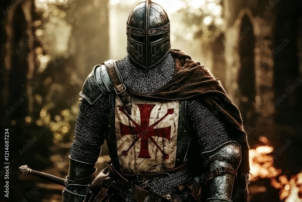 Templar Knight in Armor Against a Dreamy Bokeh Background Templar Knight in Armor Against a Dreamy Bokeh Background