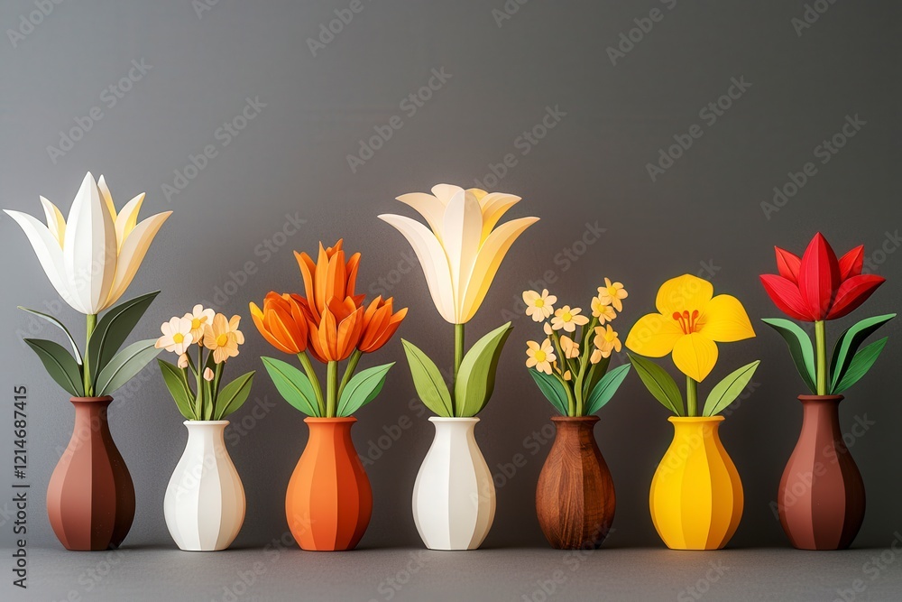 A vibrant arrangement of colorful paper flowers in various vases against a neutral background, showcasing creativity and artistry in floral design. A vibrant arrangement of colorful paper flowers in various vases against a neutral background, showcasing creativity and artistry in floral design.