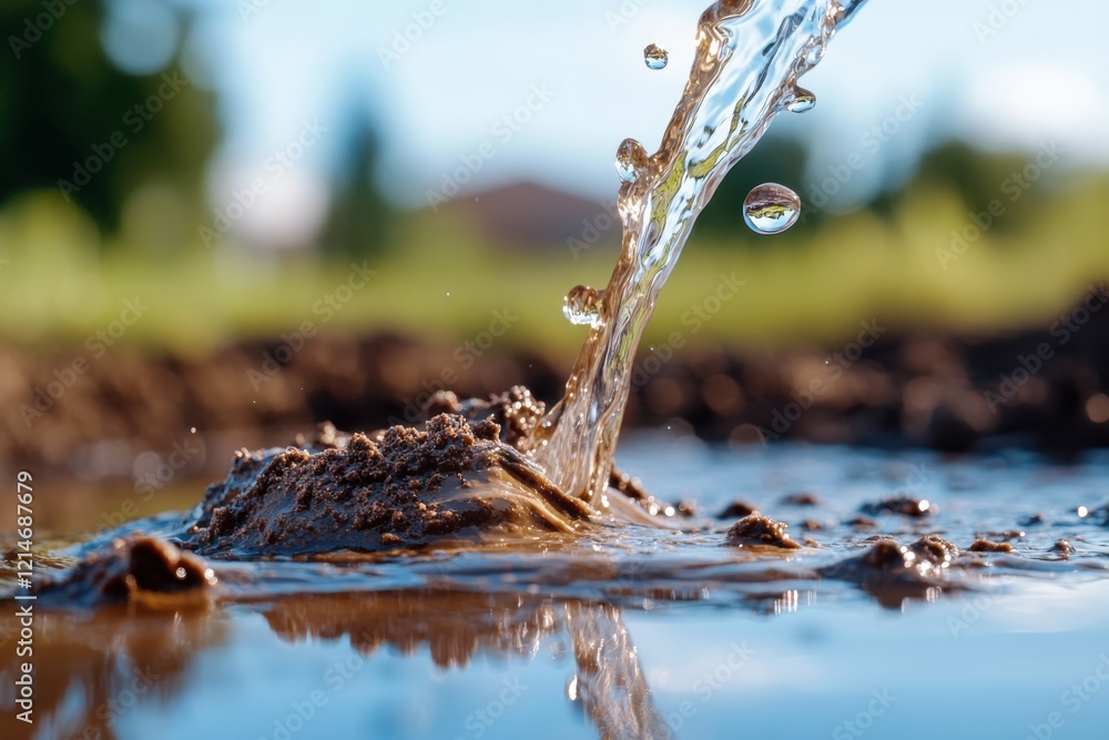An enchanting image of water splashing over the soil, creating ripples and droplets that symbolize life, growth, and the essential connection between earth and water. An enchanting image of water splashing over the soil, creating ripples and droplets that symbolize life, growth, and the essential connection between earth and water.