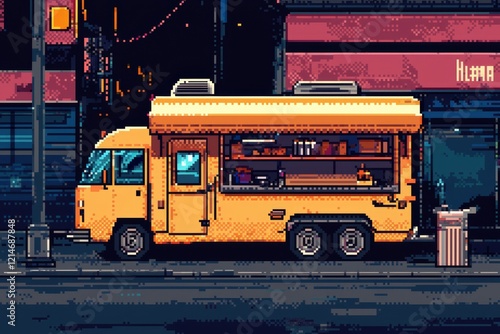 Colorful pixelated food trailer nestled in a vibrant street landscape. photo