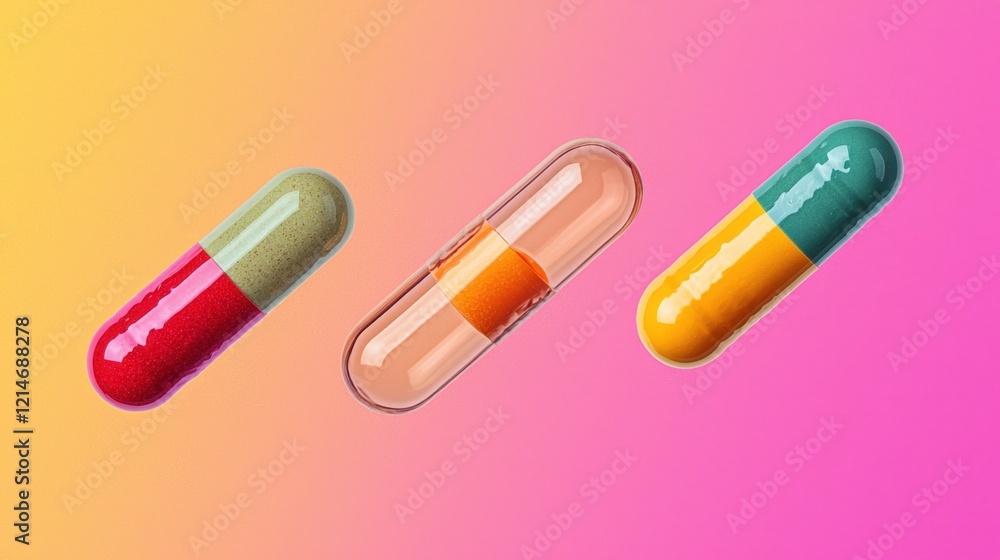 Vitamin and metabolism essential, A vibrant image featuring three colorful capsules against a pink background, showcasing various shapes and colors associated with medication or supplements. Vitamin and metabolism essential, A vibrant image featuring three colorful capsules against a pink background, showcasing various shapes and colors associated with medication or supplements.