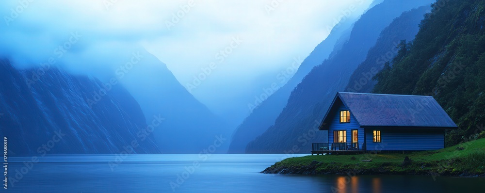 Fototapeta premium A serene scene featuring a blue cabin by a tranquil lake, surrounded by misty mountains at dusk, creating a peaceful and atmospheric ambiance.