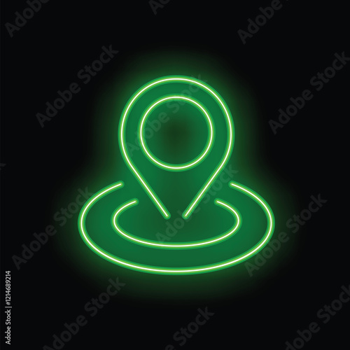 Green neon location pin icon glowing in the dark, concept of location tracking, gps, and navigation