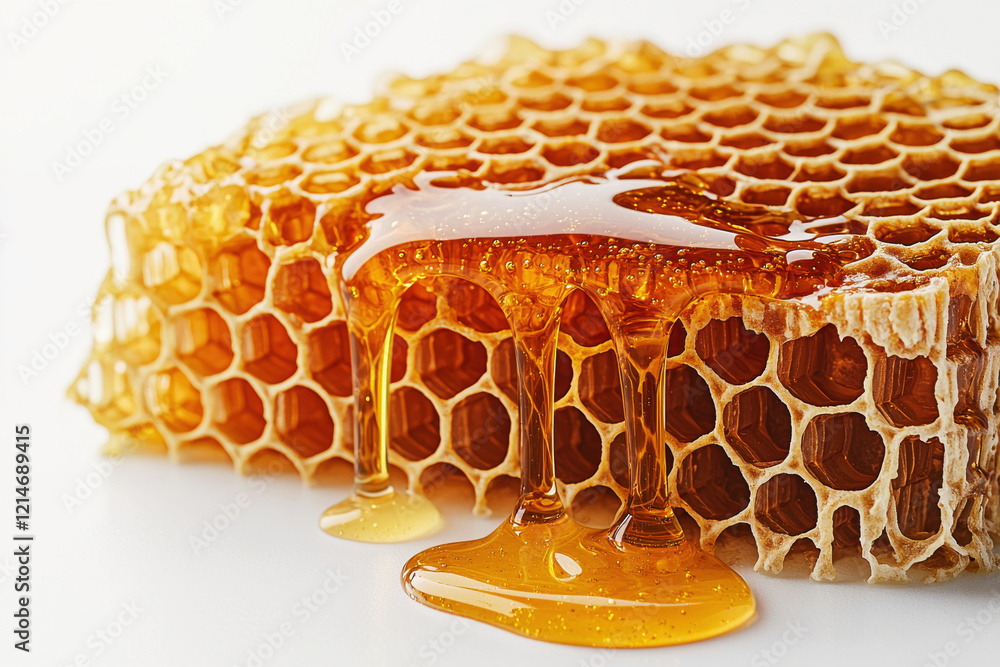 Honeycomb dripping with golden honey against a clean white background showcasing intricate hexagonal patterns and textures Honeycomb dripping with golden honey against a clean white background showcasing intricate hexagonal patterns and textures