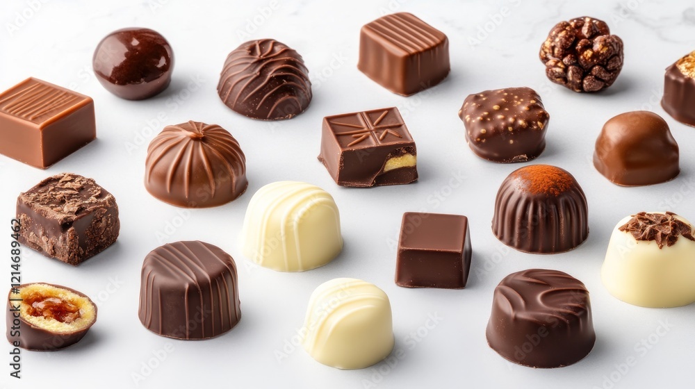 Assorted gourmet chocolates arranged on marble. Assorted gourmet chocolates arranged on marble.