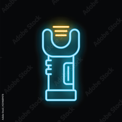Blue neon icon of a stun gun emitting electric shockwaves on black background