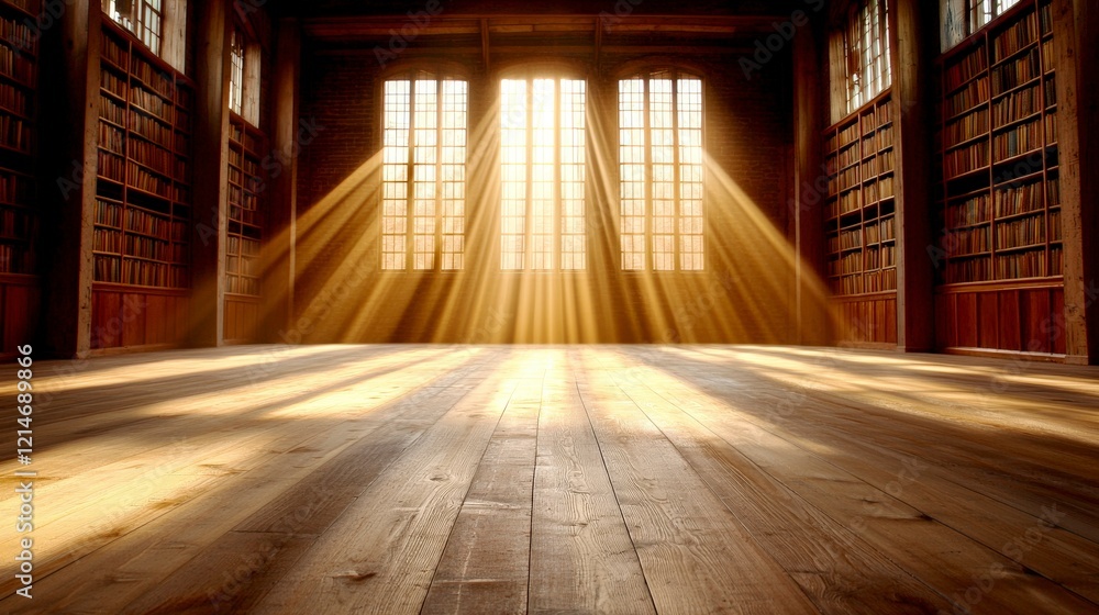 A serene library bathed in warm sunlight, showcasing wooden floors and tall bookshelves, creating a peaceful and inviting ambiance. A serene library bathed in warm sunlight, showcasing wooden floors and tall bookshelves, creating a peaceful and inviting ambiance.