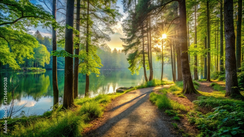 Obraz premium Dense forest trail surrounded by tall trees and vibrant green foliage leading to a serene lake at sunrise, scenery, mountains, wilderness, trail, sunrise