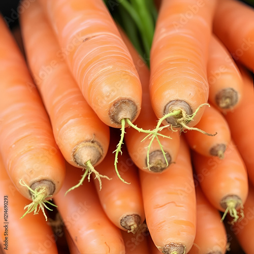 Depict the crunchiness of a bunch of fresh carrots in a close-up shot. photo