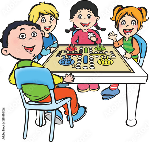 Little cartoon kids playing card game. Four people playing ludo game little kids.