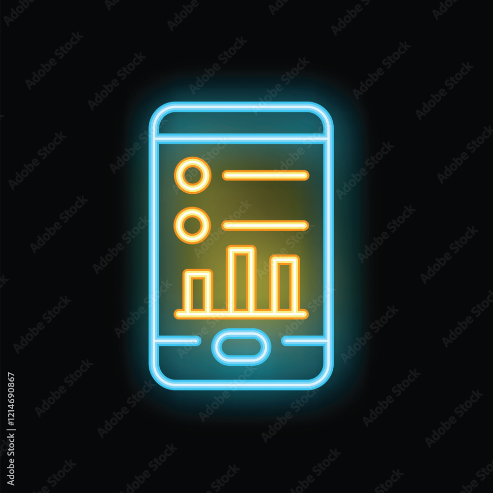 Neon glowing icon of a mobile phone showing analytics with a growing bar chart on screen Neon glowing icon of a mobile phone showing analytics with a growing bar chart on screen