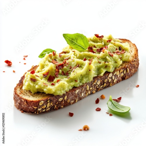 Realistic smashed avocado toast with chili flakes, isolated on a white background photo